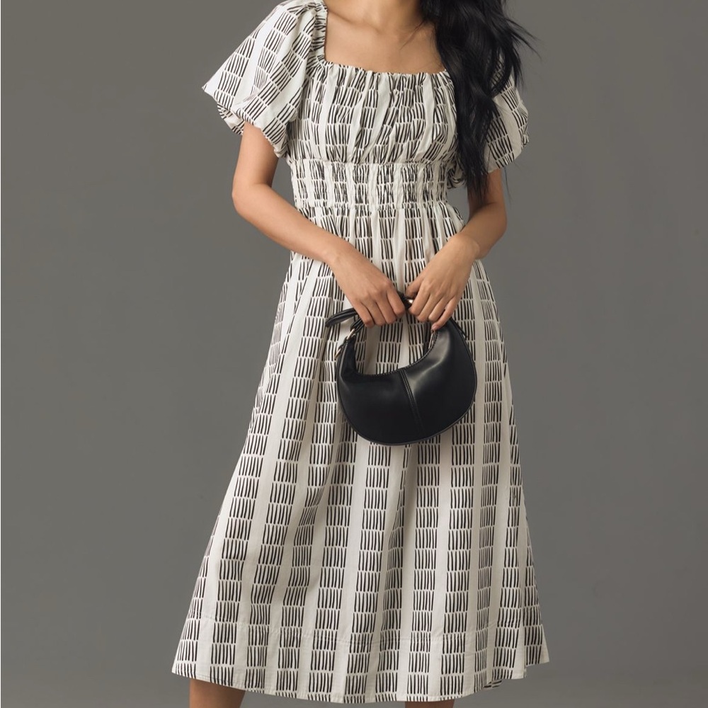 Anthropologie Maeve Puff Sleeve Square Neck Midi Dress, Medium, Neutral Pattern